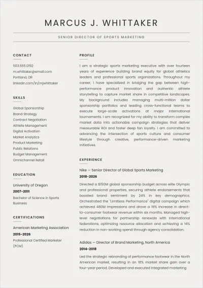 Free Sports Marketing Director ATS Resume Template, AI Resume Builder