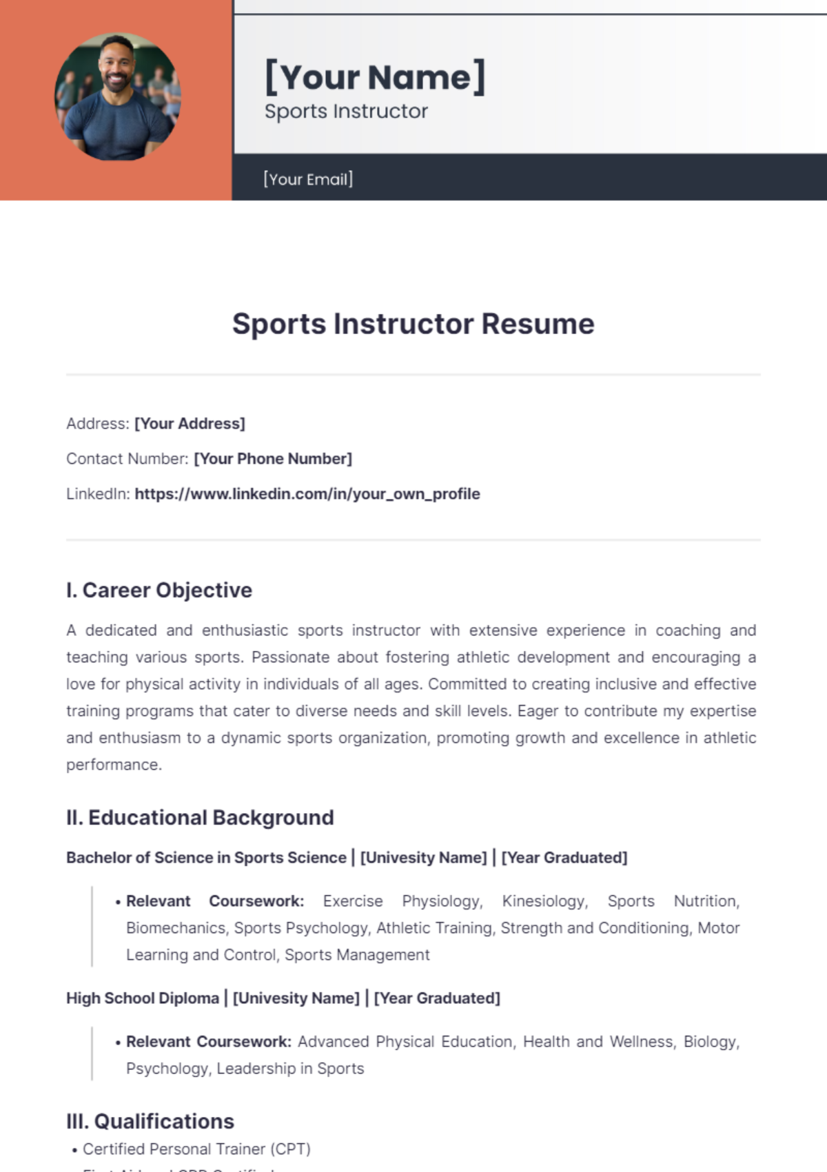 Free Sports Instructor Resume Template to Edit Online