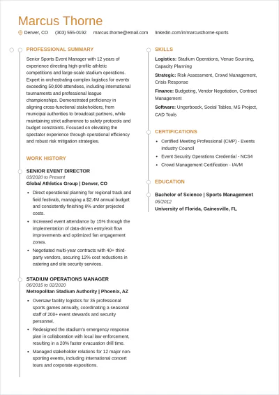 Free Sports Event Manager ATS Resume Template, AI Resume Builder