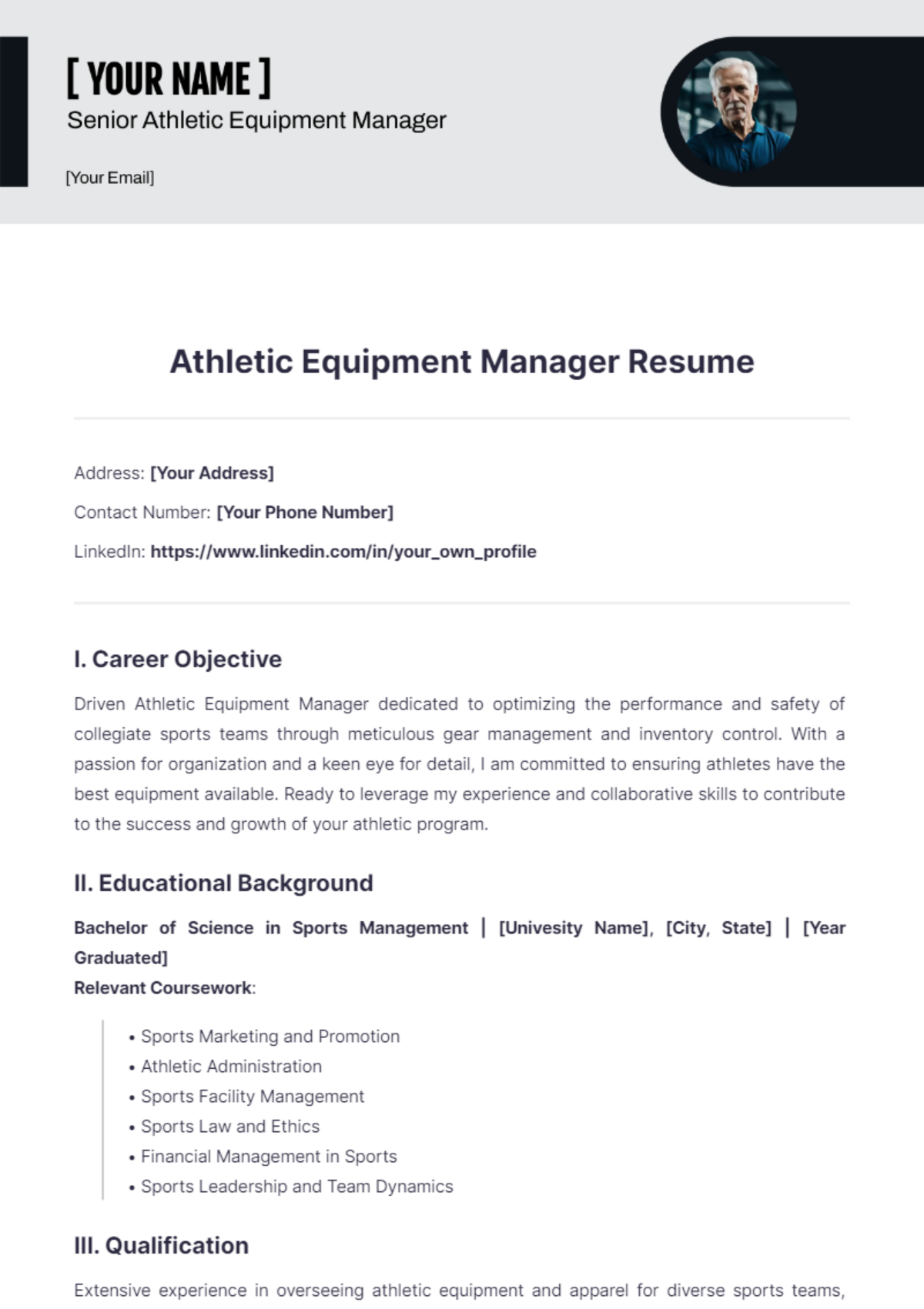 Athletic Equipment Manager Resume - Edit Online & Download