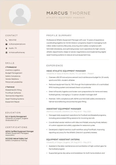 Free Athletic Equipment Manager ATS Resume Template, AI Resume Builder