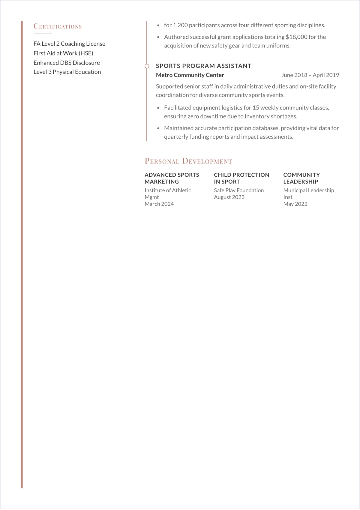 Free Sports Development Officer ATS Resume Template, AI Resume Builder