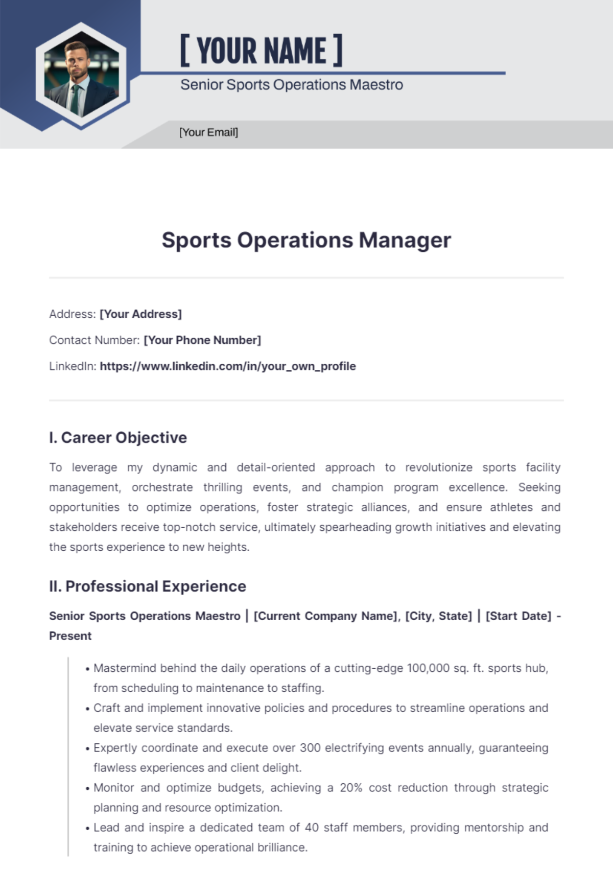 Sports Operations Manager Resume - Edit Online & Download