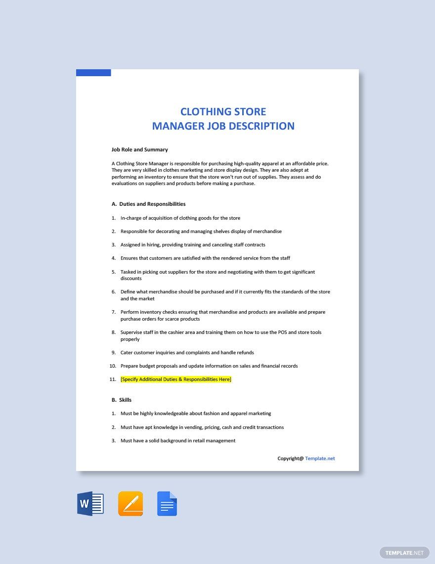 Free Clothing Store Manager Job Ad And Description Template Download 