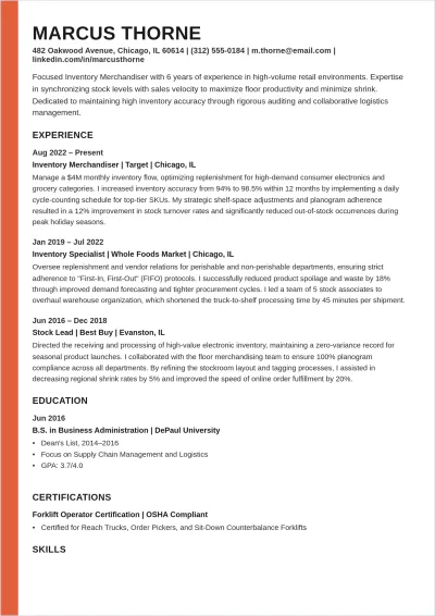 Free Inventory Merchandiser ATS Resume Template, AI Resume Builder