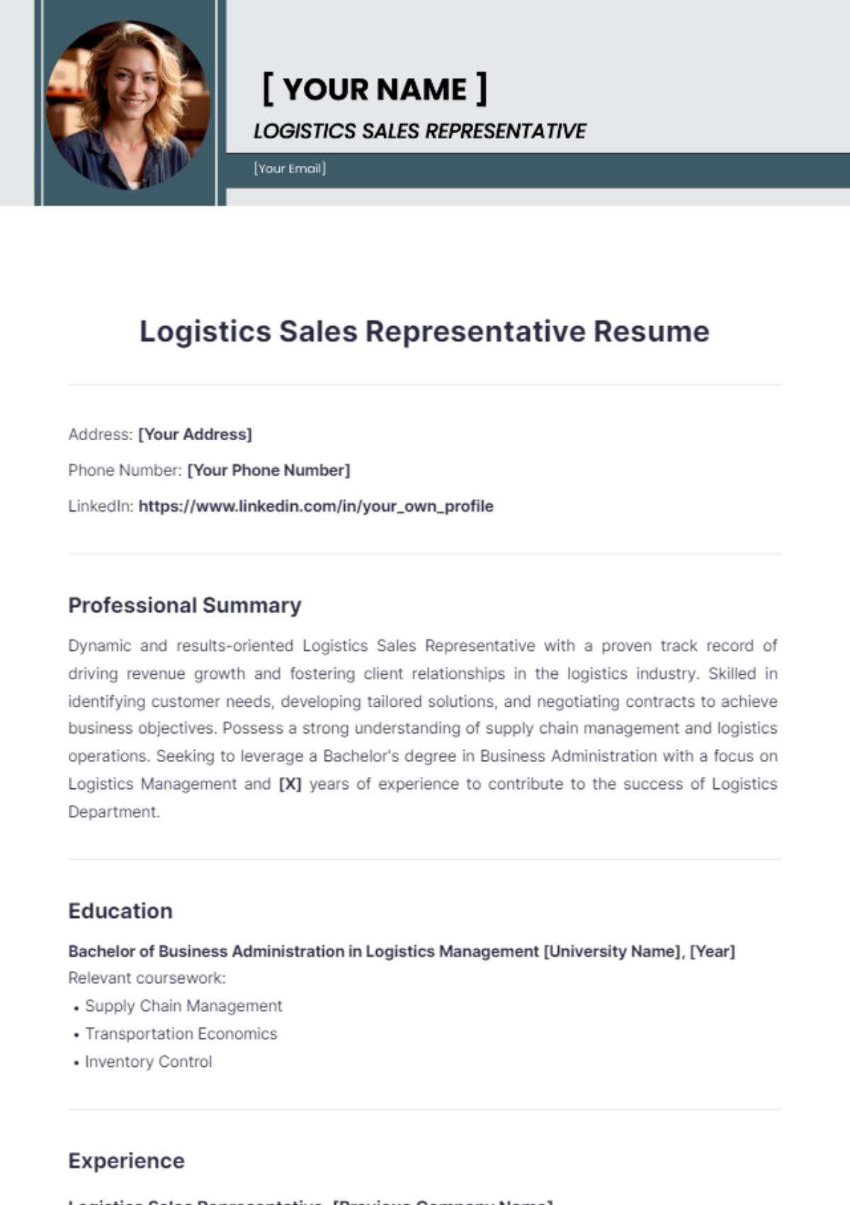 Logistics Sales Representative Resume - Edit Online & Download