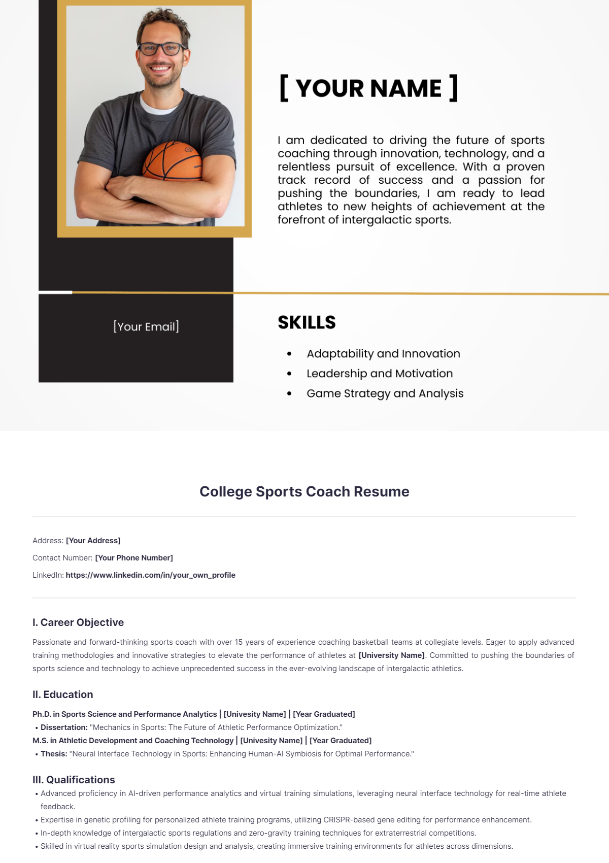 Free College Sports Coach Resume Template - Edit Online & Download ...