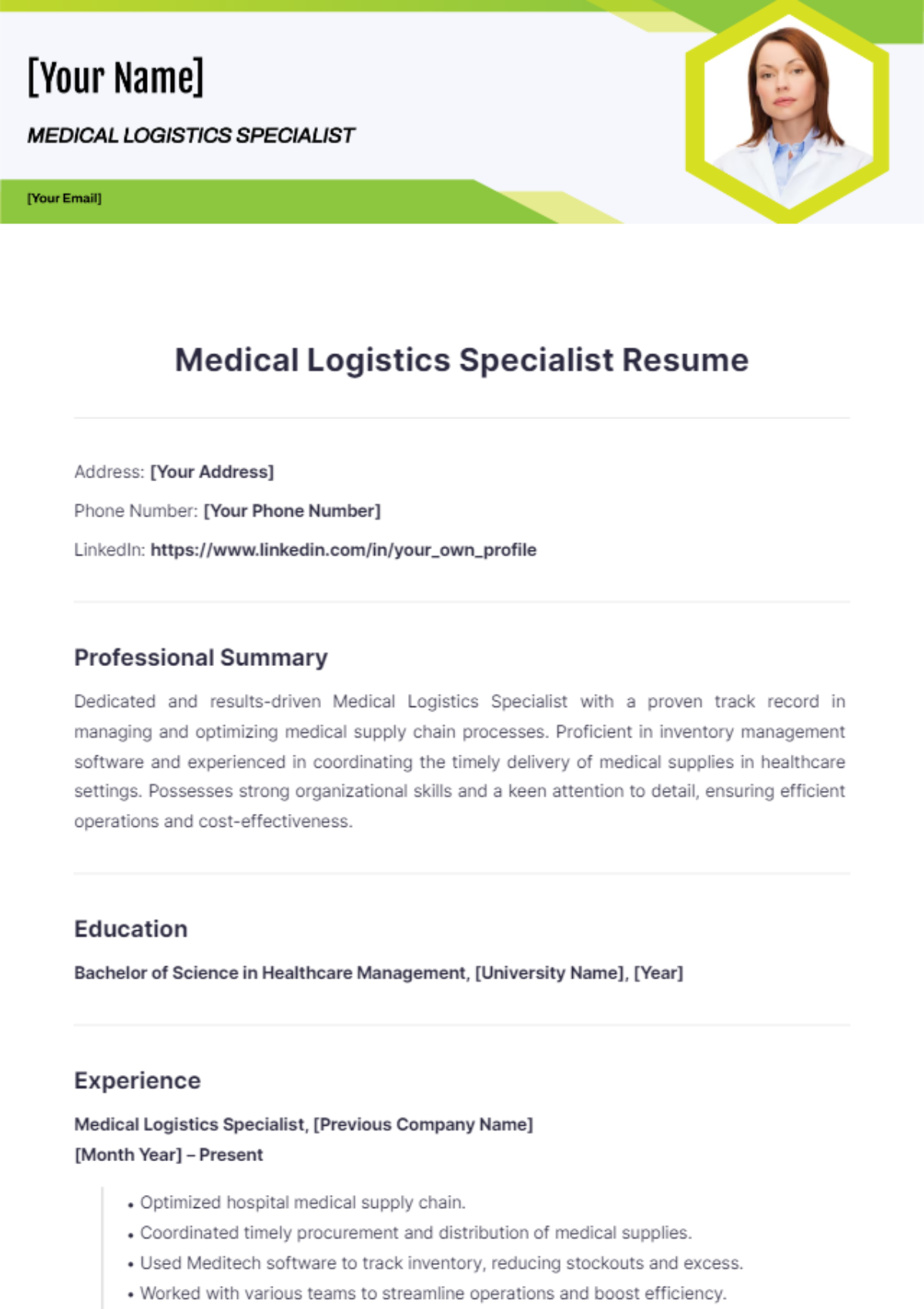 Medical Logistics Specialist Resume - Edit Online & Download