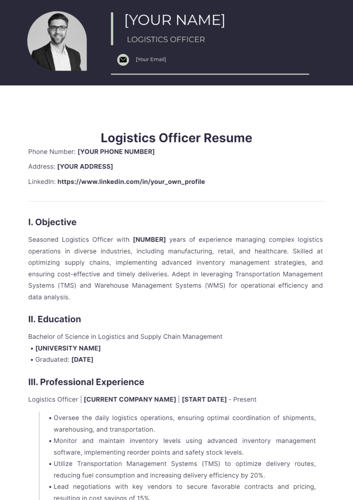 Logistics Officer Resume - Edit Online & Download