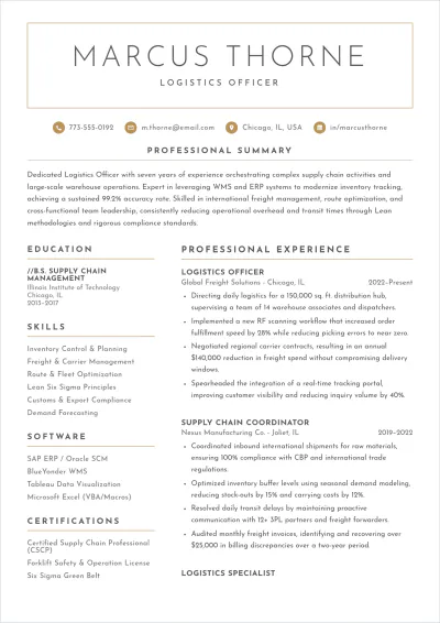 Free Logistics Officer ATS Resume Template, AI Resume Builder