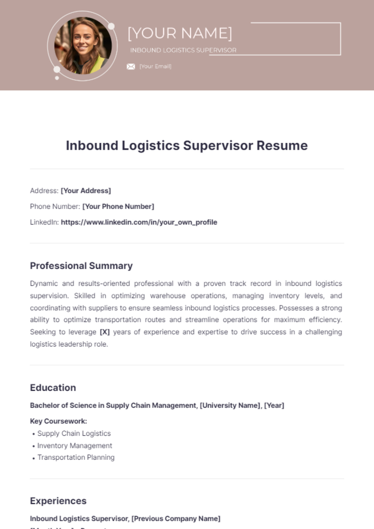 Inbound Logistics Supervisor Resume - Edit Online & Download