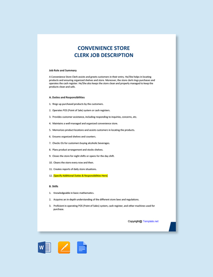 Convenience Store Clerk Job Description Template [Free PDF] - Word