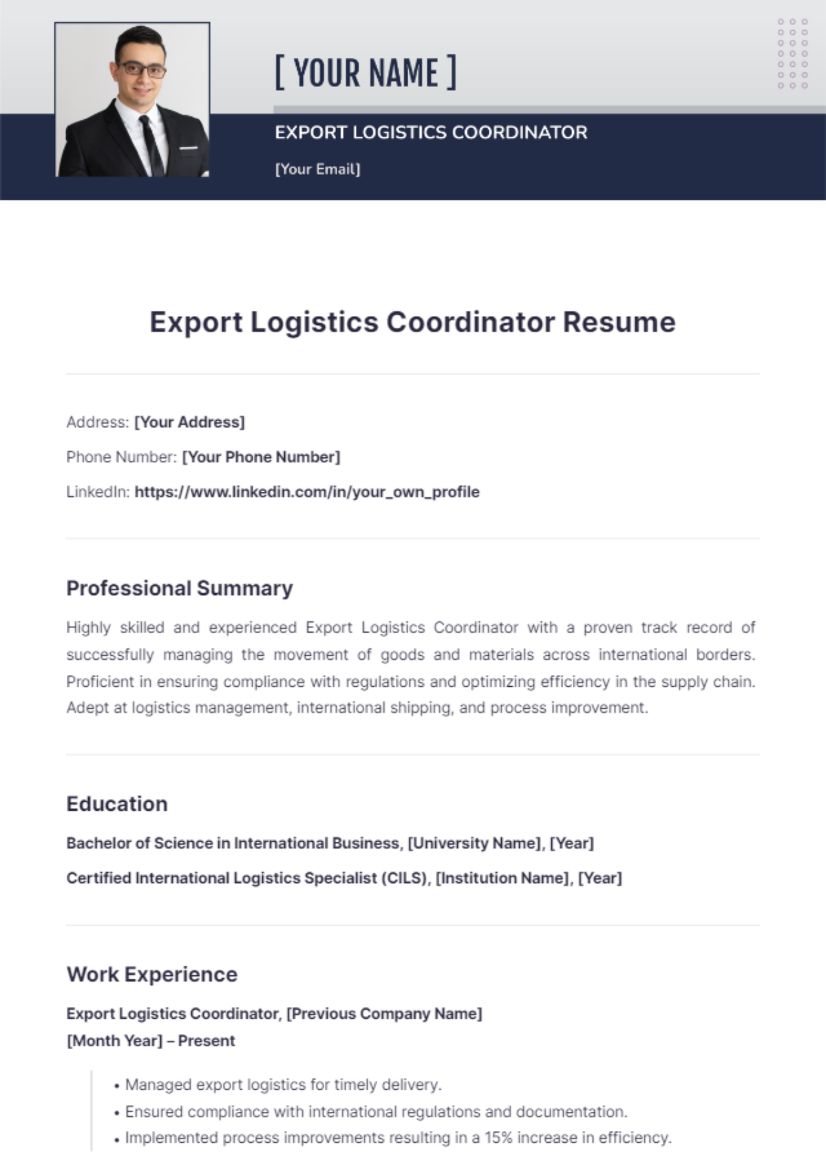 Export Logistics Coordinator Resume - Edit Online & Download