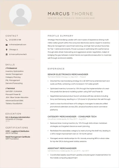 Free Electronics Merchandiser ATS Resume Template, AI Resume Builder