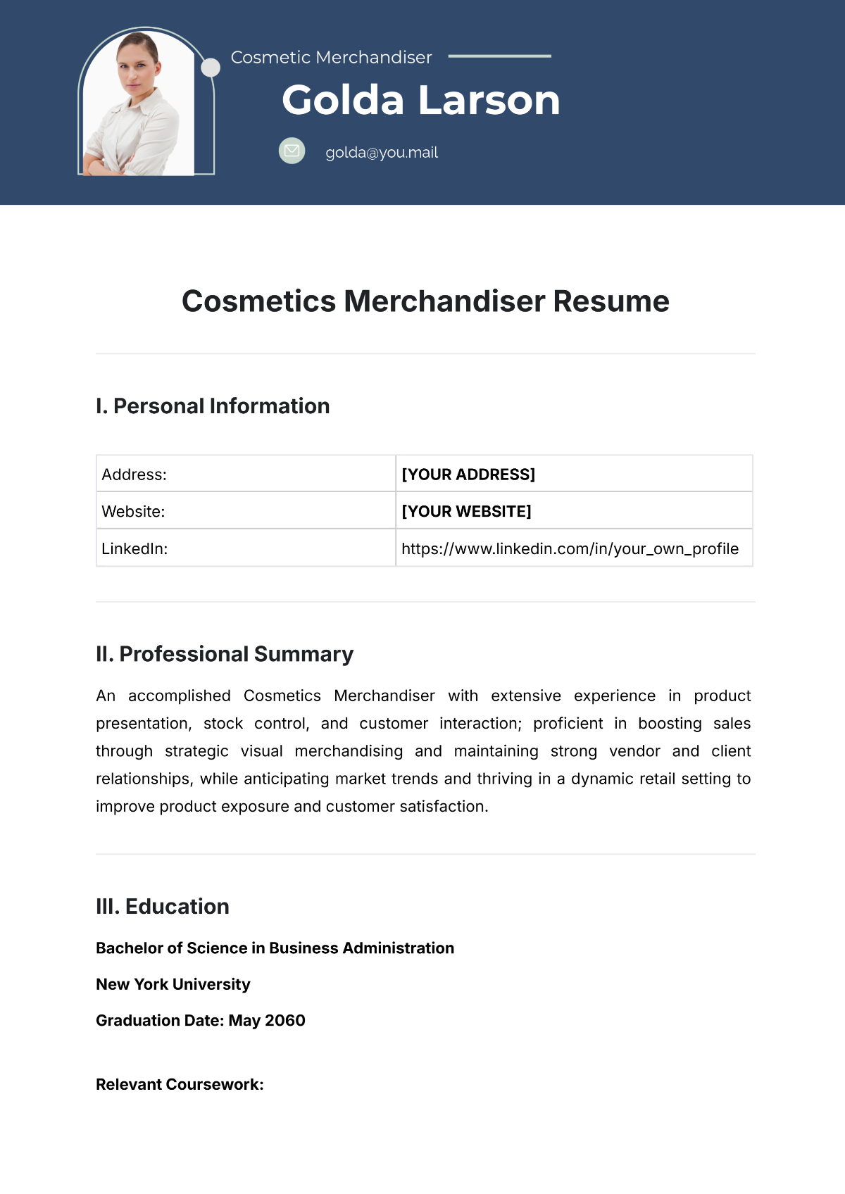 Cosmetics Merchandiser Resume Template - Edit Online & Download