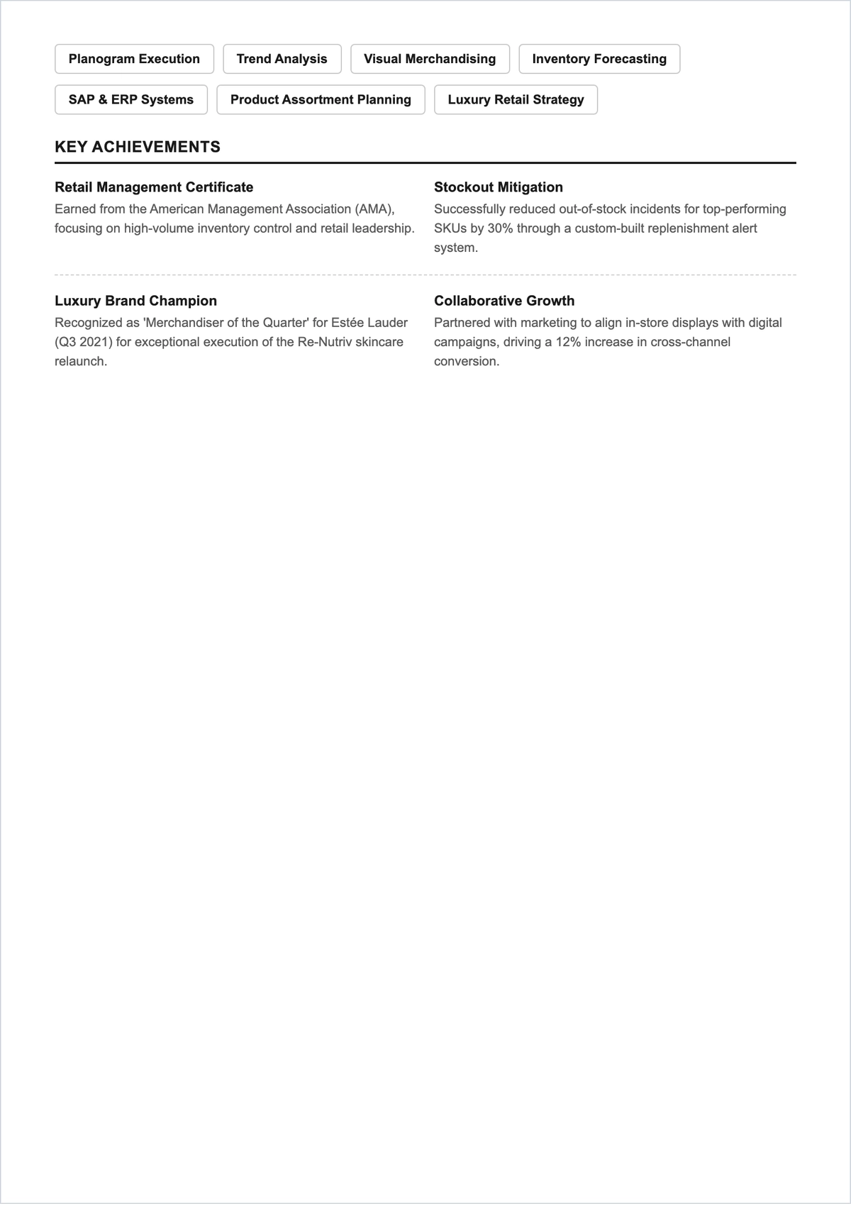 Free Cosmetics Merchandiser ATS Resume Template, AI Resume Builder