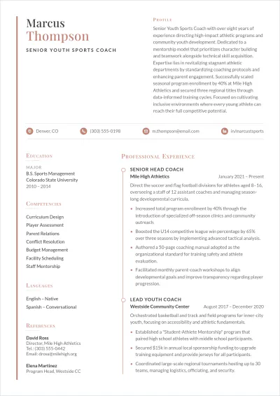 Free Youth Sports Coach ATS Resume Template, AI Resume Builder