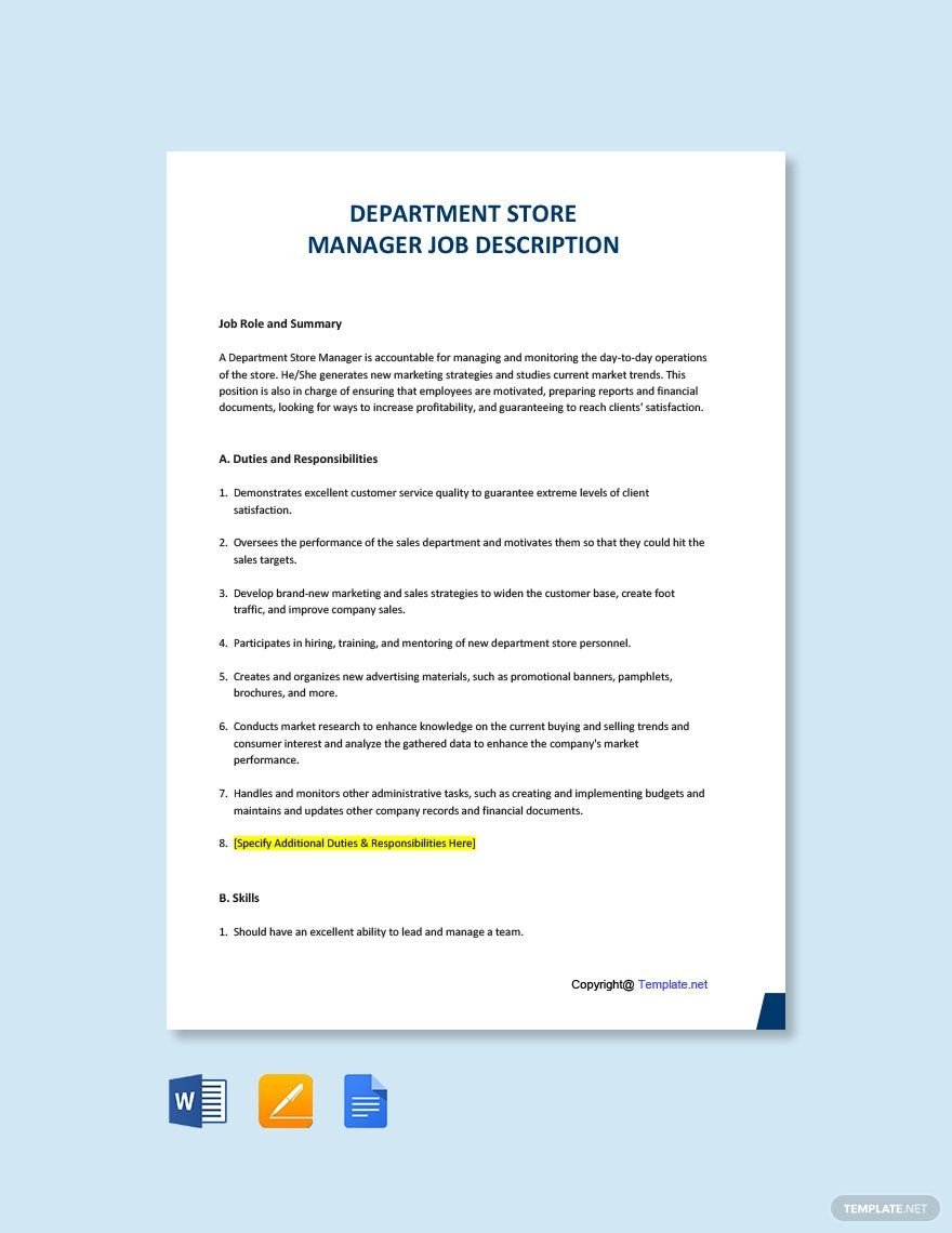 Department Store Manager Job Description Template - Google Docs, Word