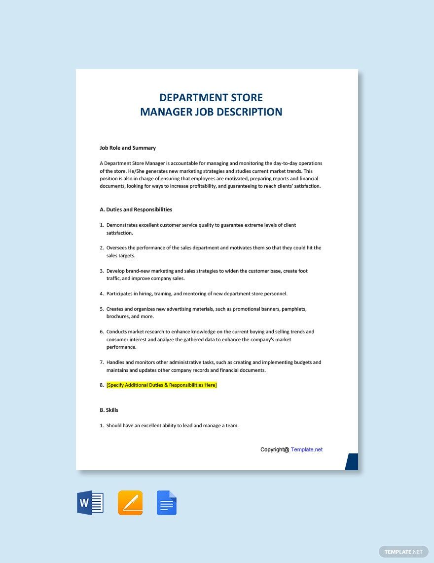 Department Store Manager Job Description Download In Word Google 