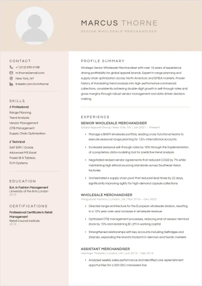 Free Wholesale Merchandiser ATS Resume Template, AI Resume Builder