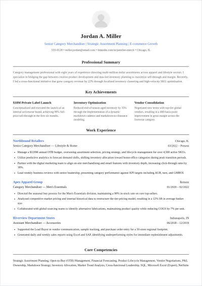 Free Category Merchandiser ATS Resume Template, AI Resume Builder