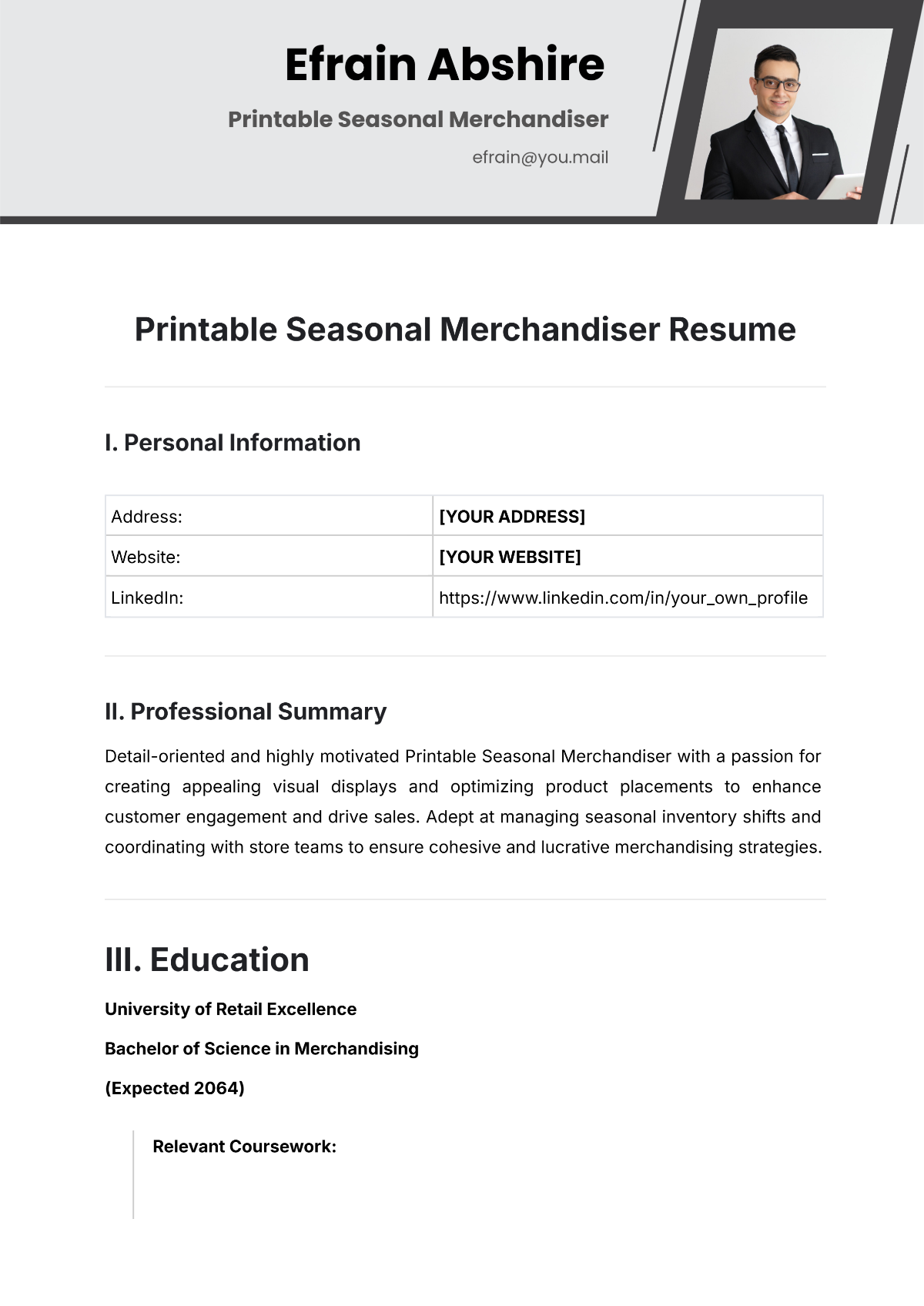 Printable Seasonal Merchandiser Resume Template - Edit Online & Download