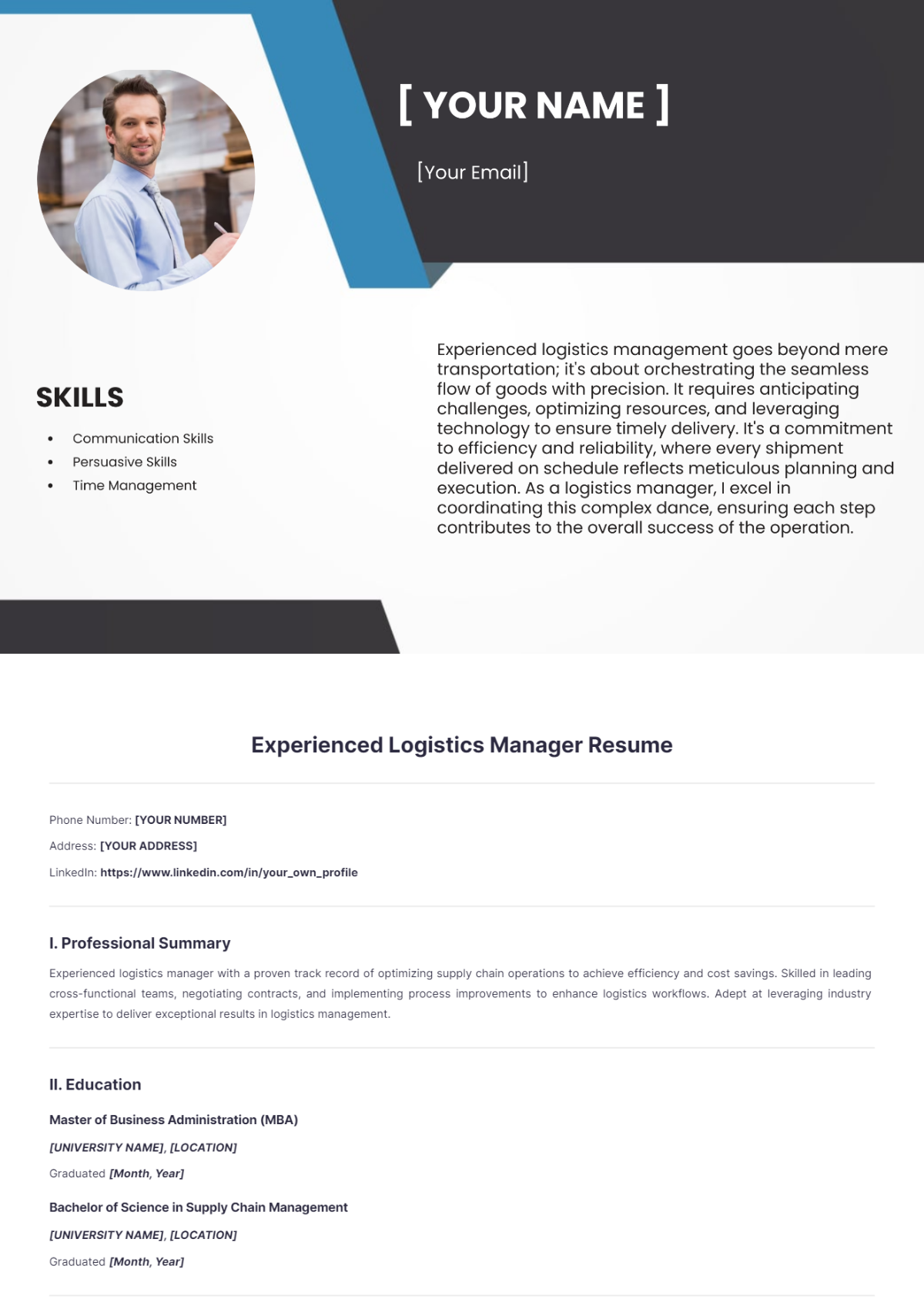 Experienced Logistics Manager Resume - Edit Online & Download