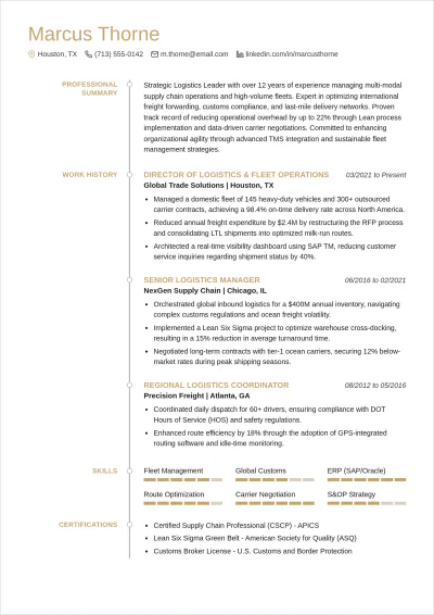 Free Experienced Logistics Manager ATS Resume Template