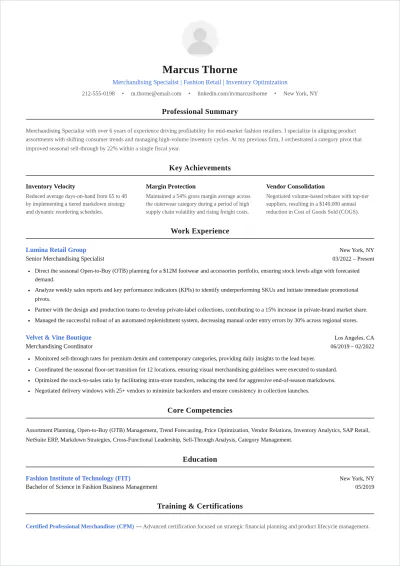Free Merchandising Specialist ATS Resume Template, AI Resume Builder