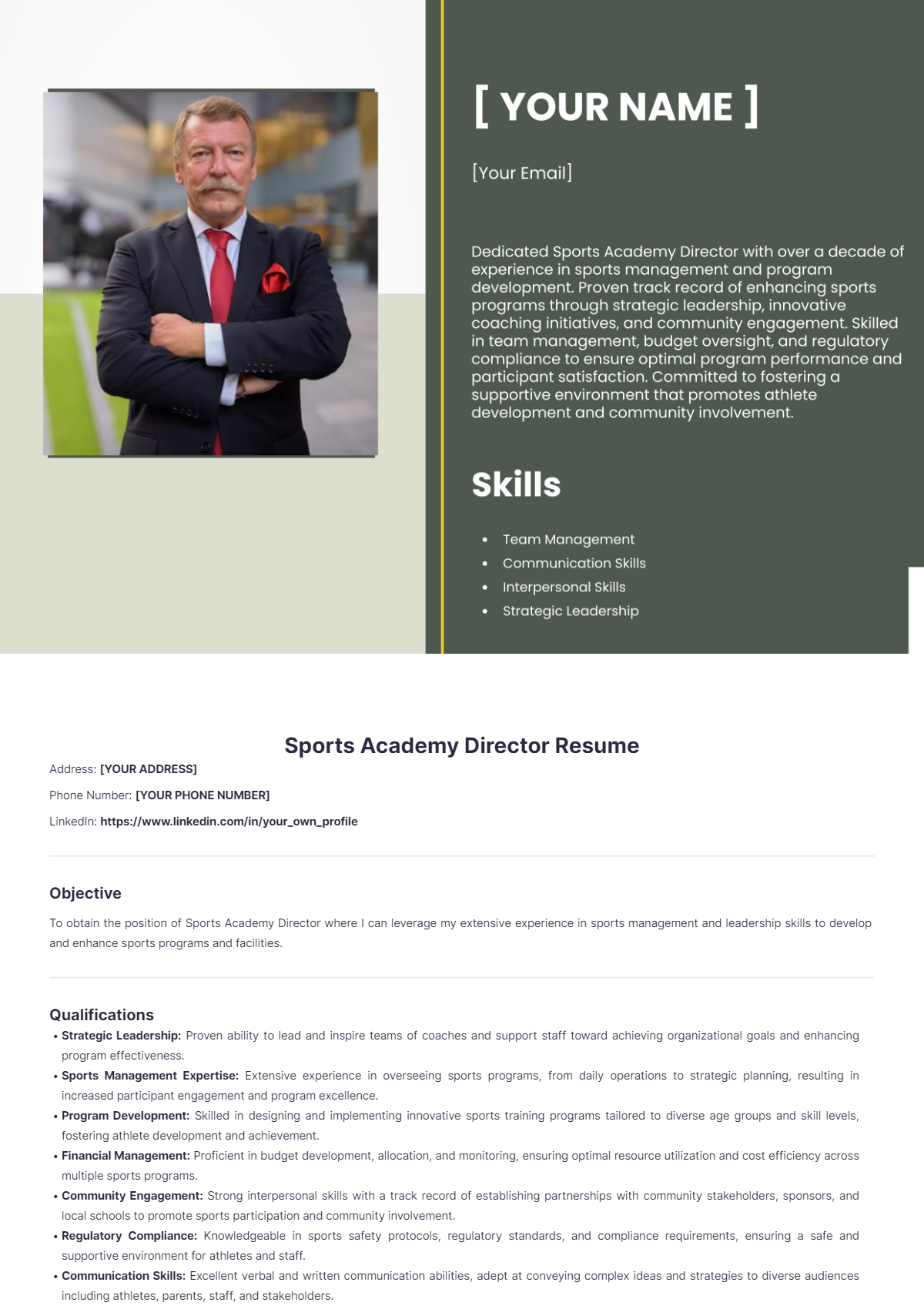 Sports Academy Director Resume - Edit Online & Download