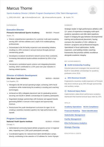 Free Sports Academy Director ATS Resume Template, AI Resume Builder