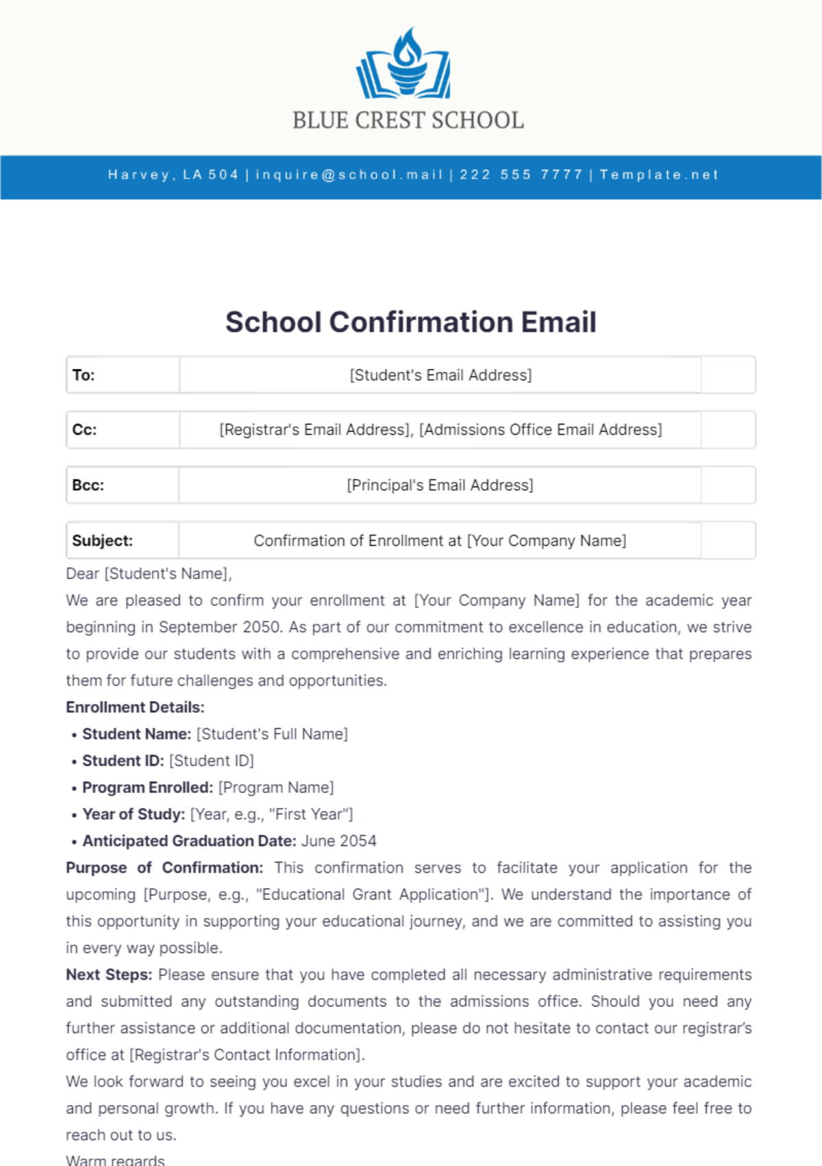 School Confirmation Email Template - Edit Online & Download