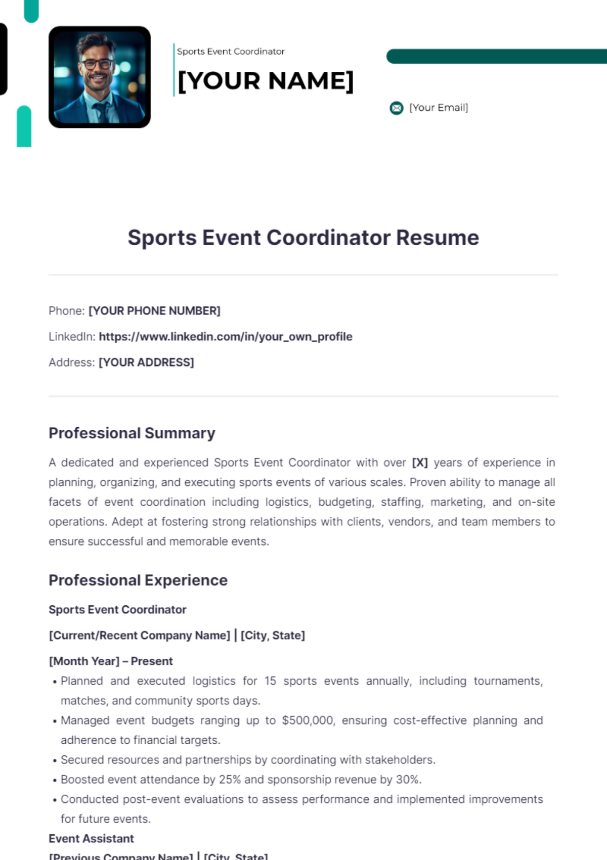 Sport Event Coordinator Resume Templates - Edit Online & Download ...