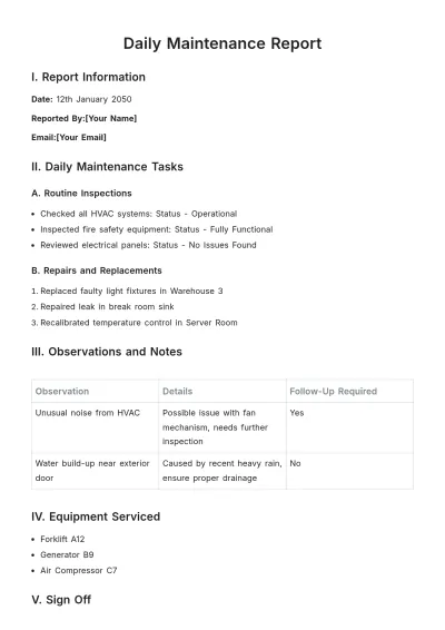 Free Daily Maintenance Report Template to Edit Online