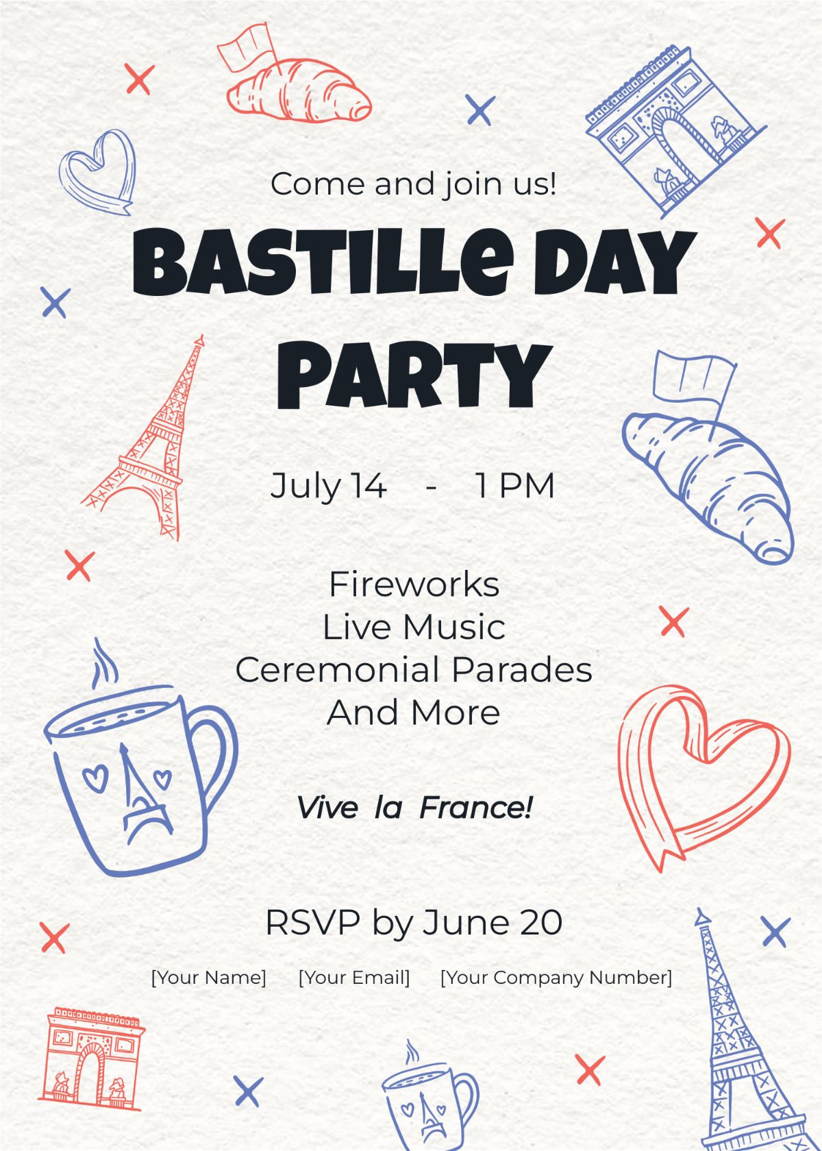Doodle Happy Bastille Day Party Invitation
