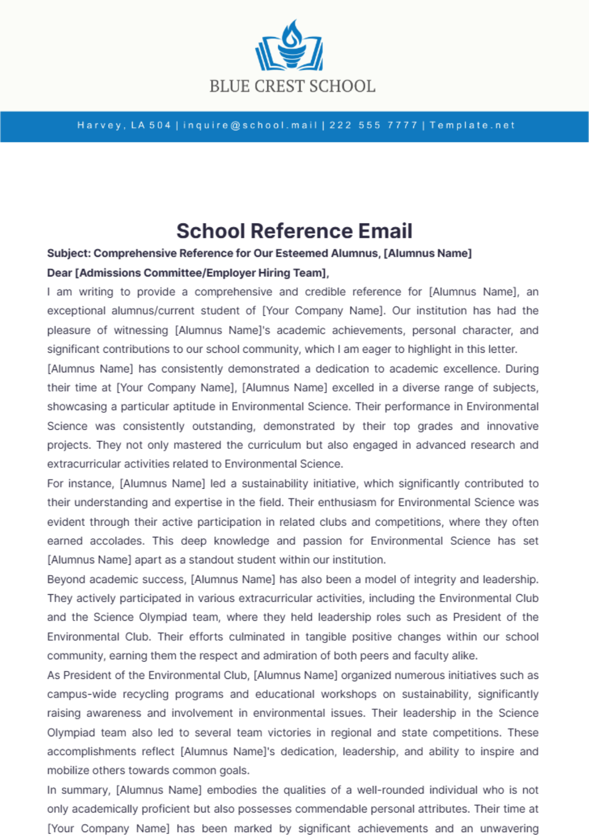 School Reference Email Template - Edit Online & Download