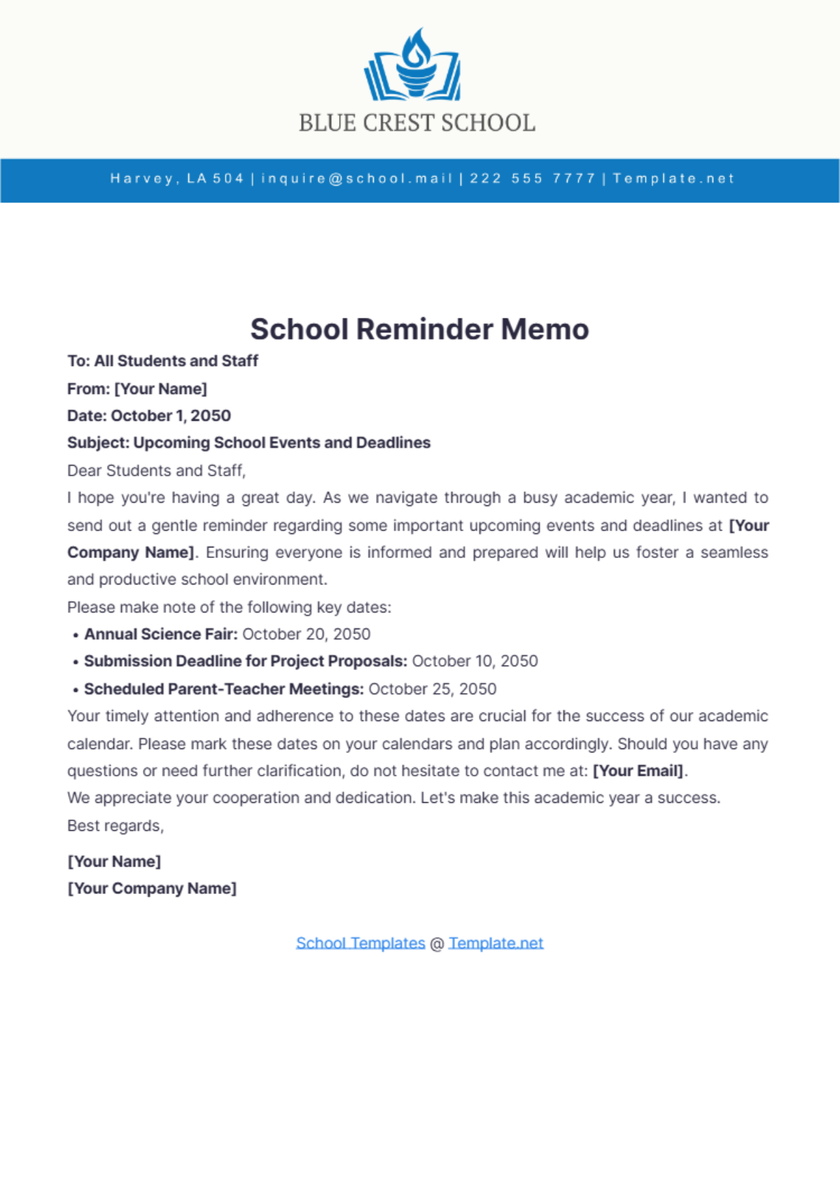 School Reminder Memo Template - Edit Online & Download