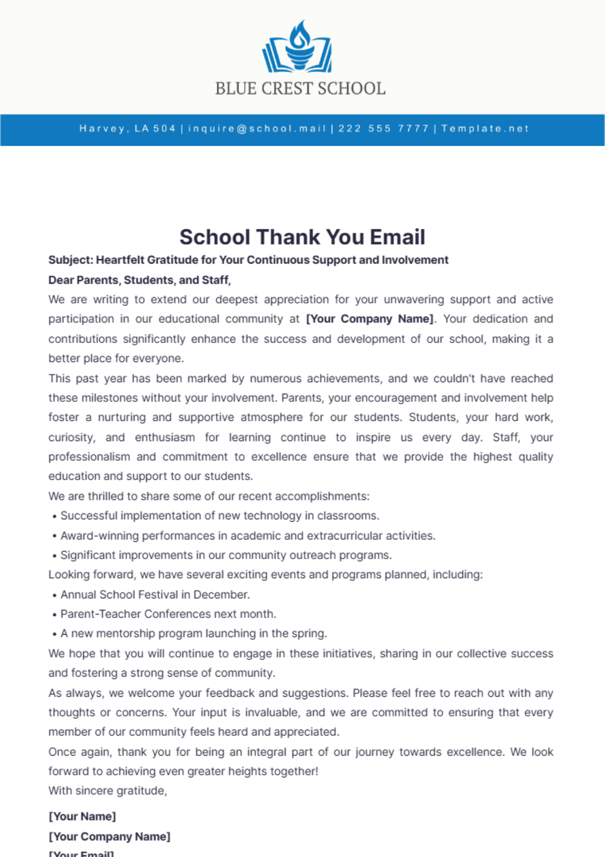 School Thank You Email Template - Edit Online & Download