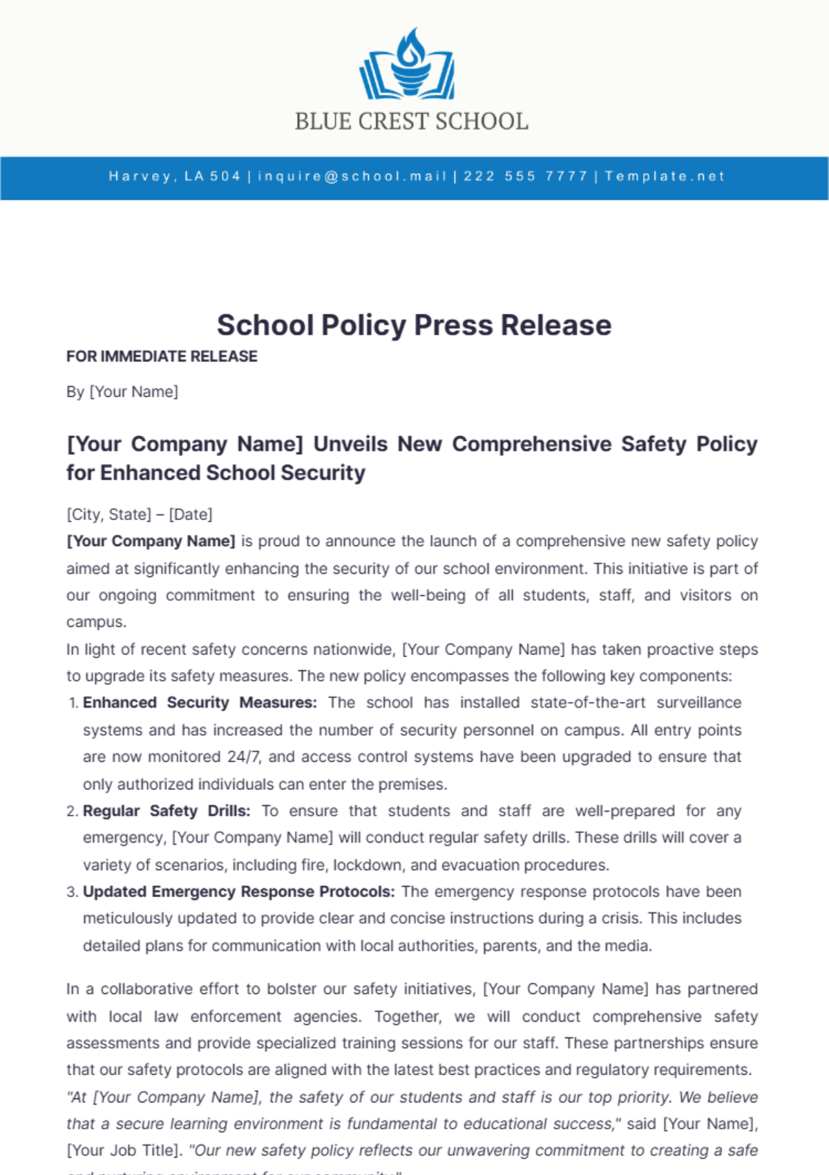 School Policy Press Release Template - Edit Online & Download