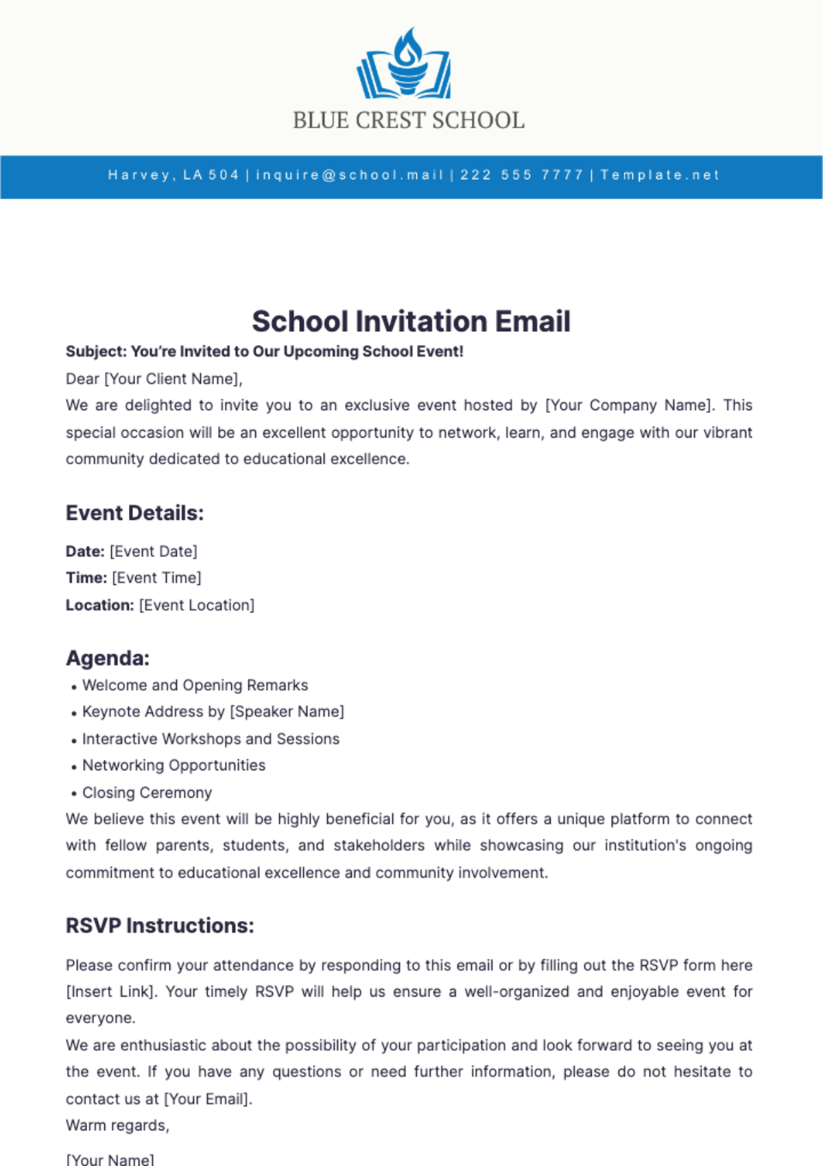 School Invitation Email Template