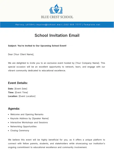Free School Invitation Email Template to Edit Online