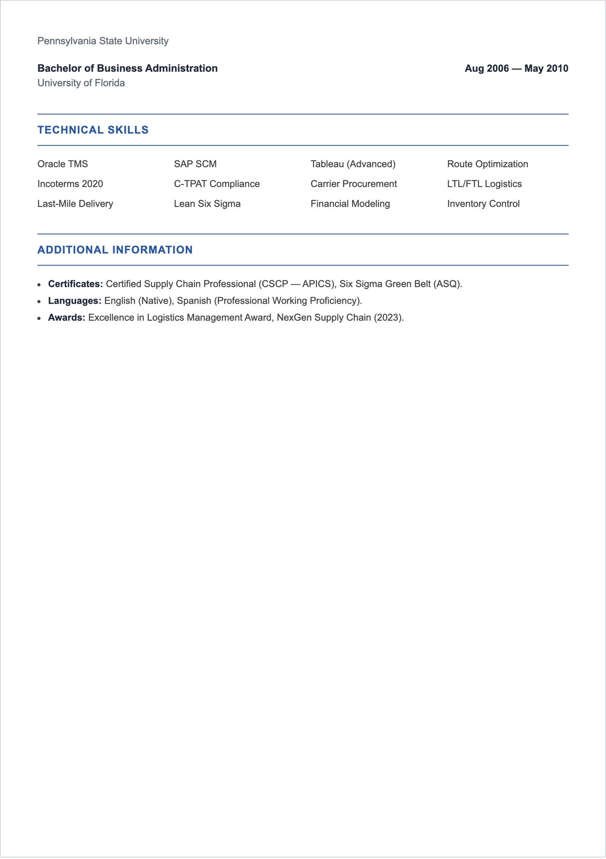 Free Transportation Logistics Manager ATS Resume Template