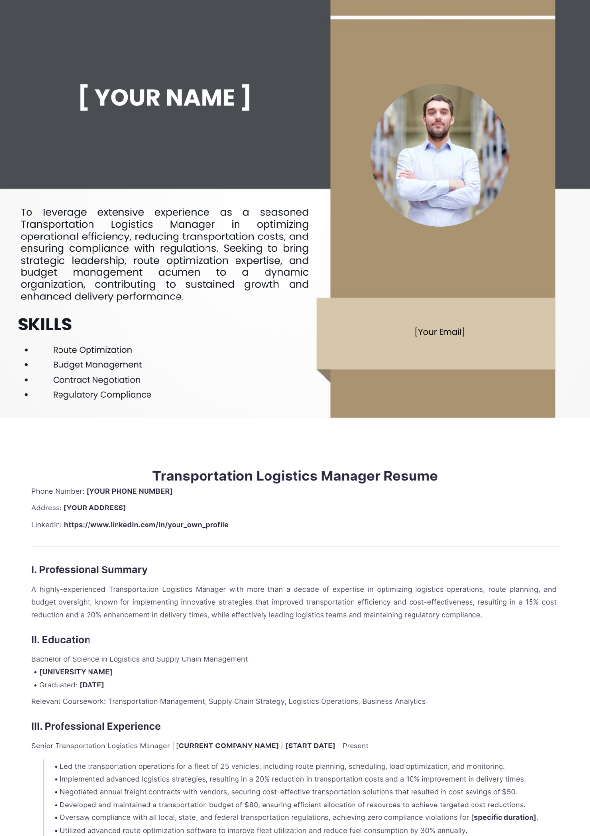 Transportation Logistics Manager Resume - Edit Online & Download