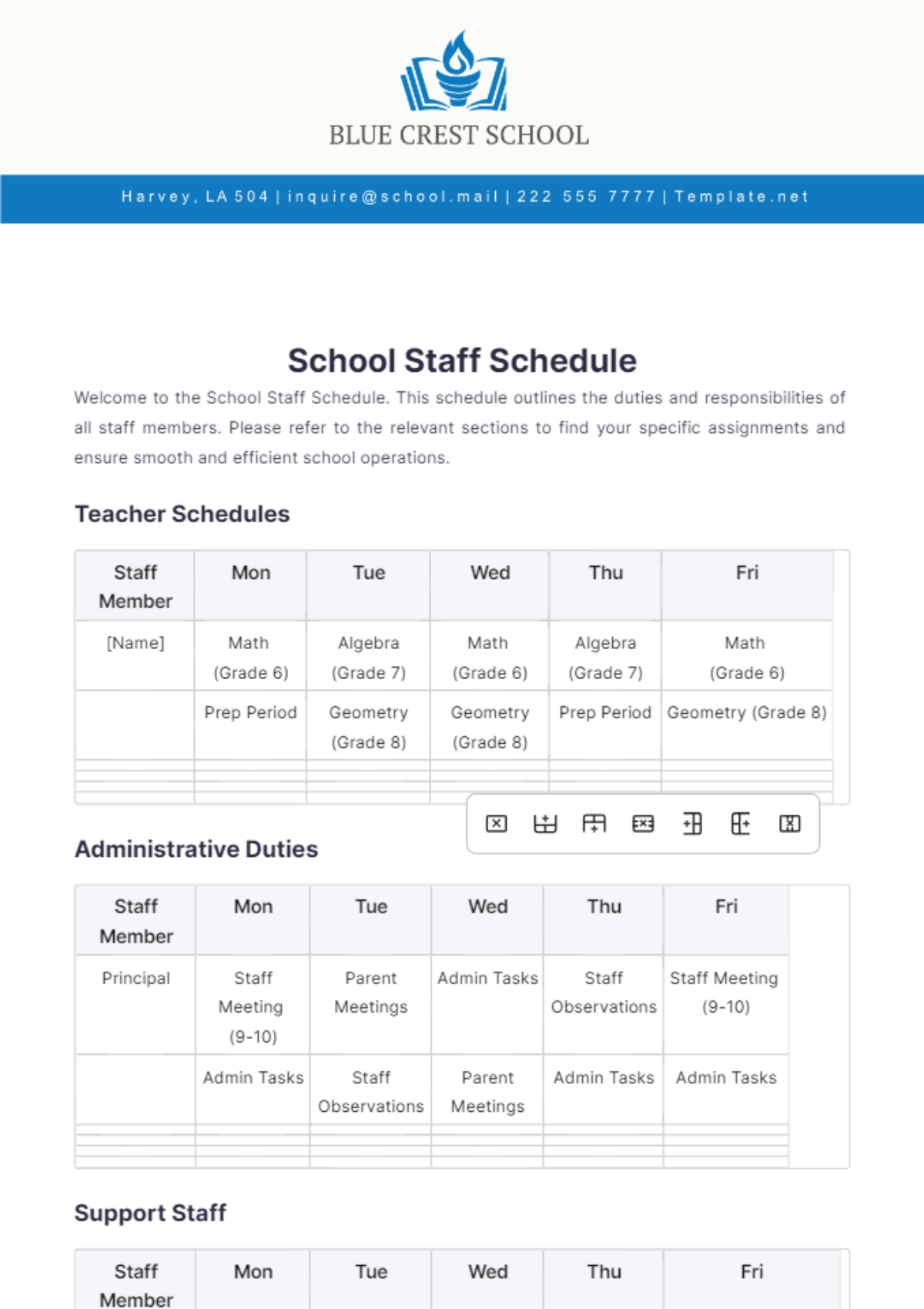 School Staff Schedule Template - Edit Online & Download