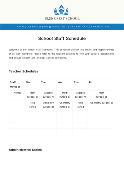 Free School Staff Schedule Template to Edit Online