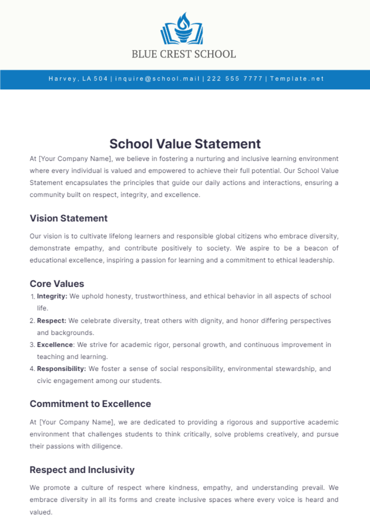 School Value Statement Template - Edit Online & Download