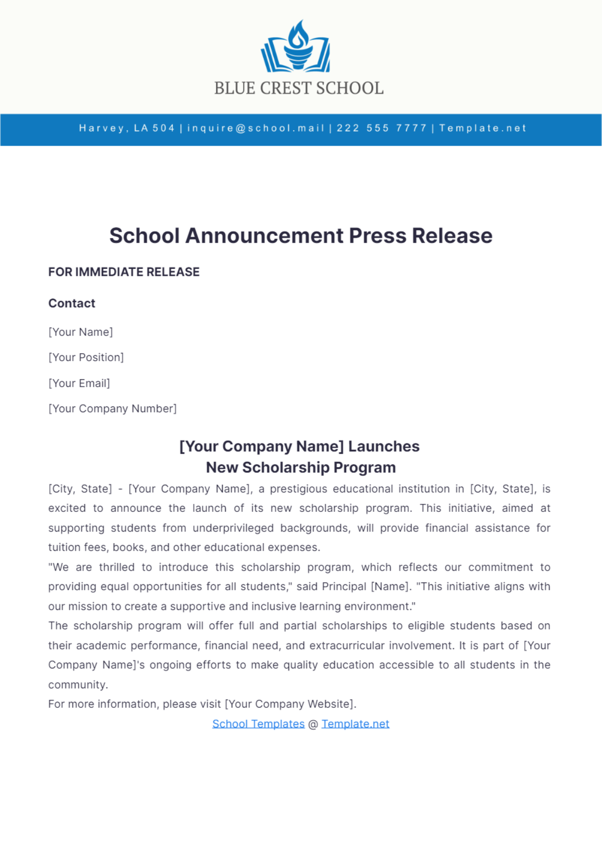 Free School Announcement Press Release Template