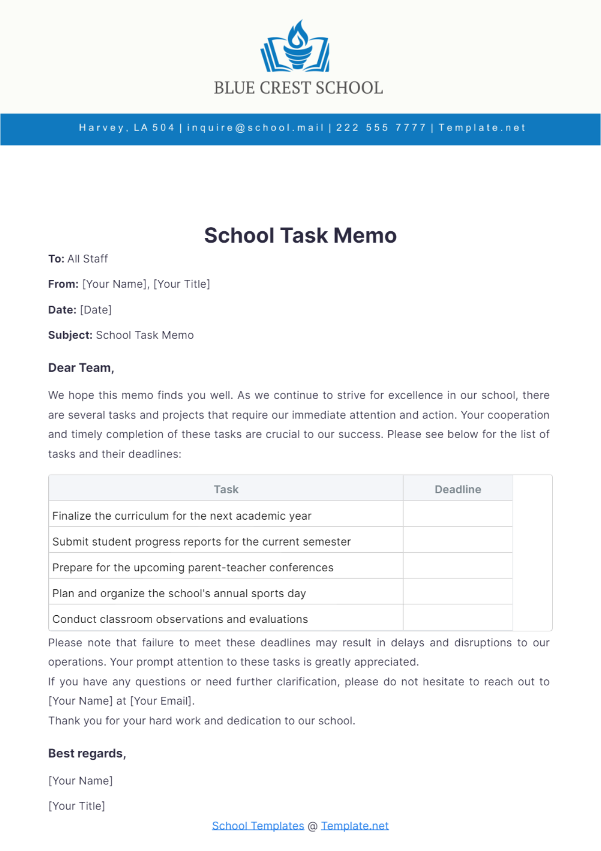 School Task Memo Template - Edit Online & Download