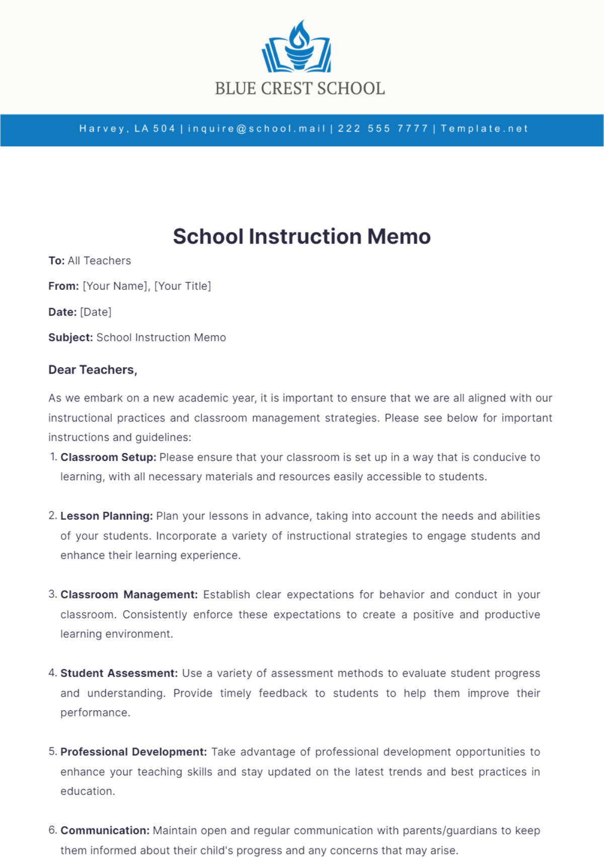 School Instruction Memo Template - Edit Online & Download