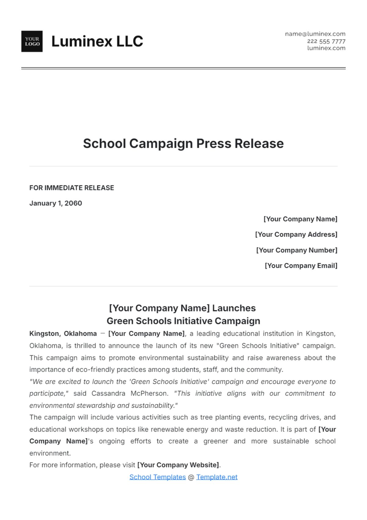 Professional School Campaign Press Release Template - Edit Online & Download